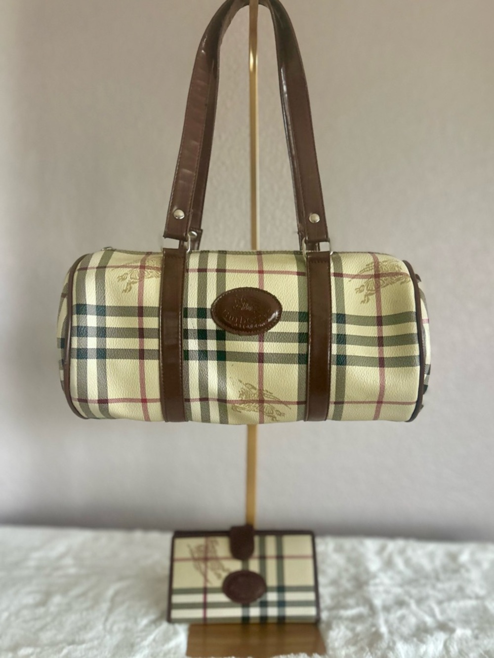 Burberry Beige Plaid Barrel Shoulder Bag with wallet set